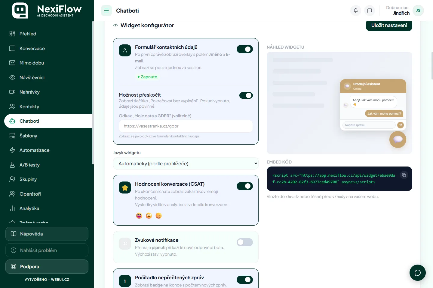 Widget konfigurátor NexiFlow s živým náhledem